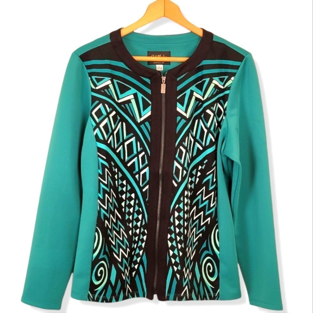 Bob Mackie long sleeve wearable art Green/black/white art deco zippered jacket